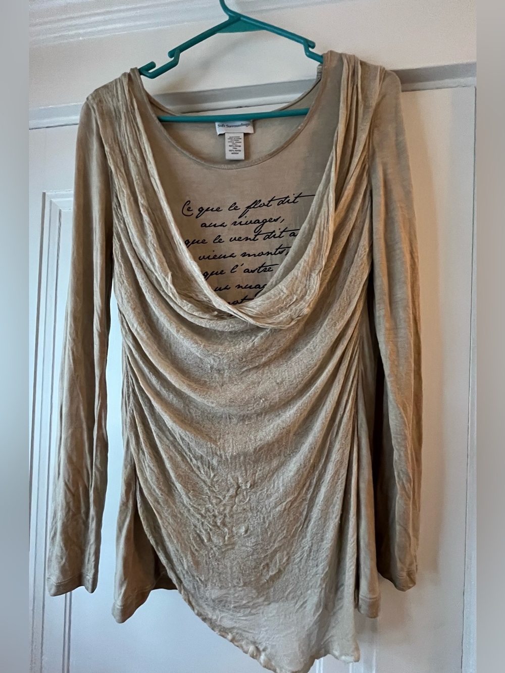 Soft Surroundings Beige Long-Sleeve Draped Cowl Top with French quote in black